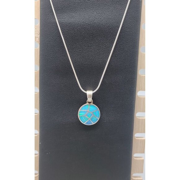 Sterling Silver Inlaid Blue Opal Pendant Necklace 16" Chain Signed ind0925 - Picture 1 of 16